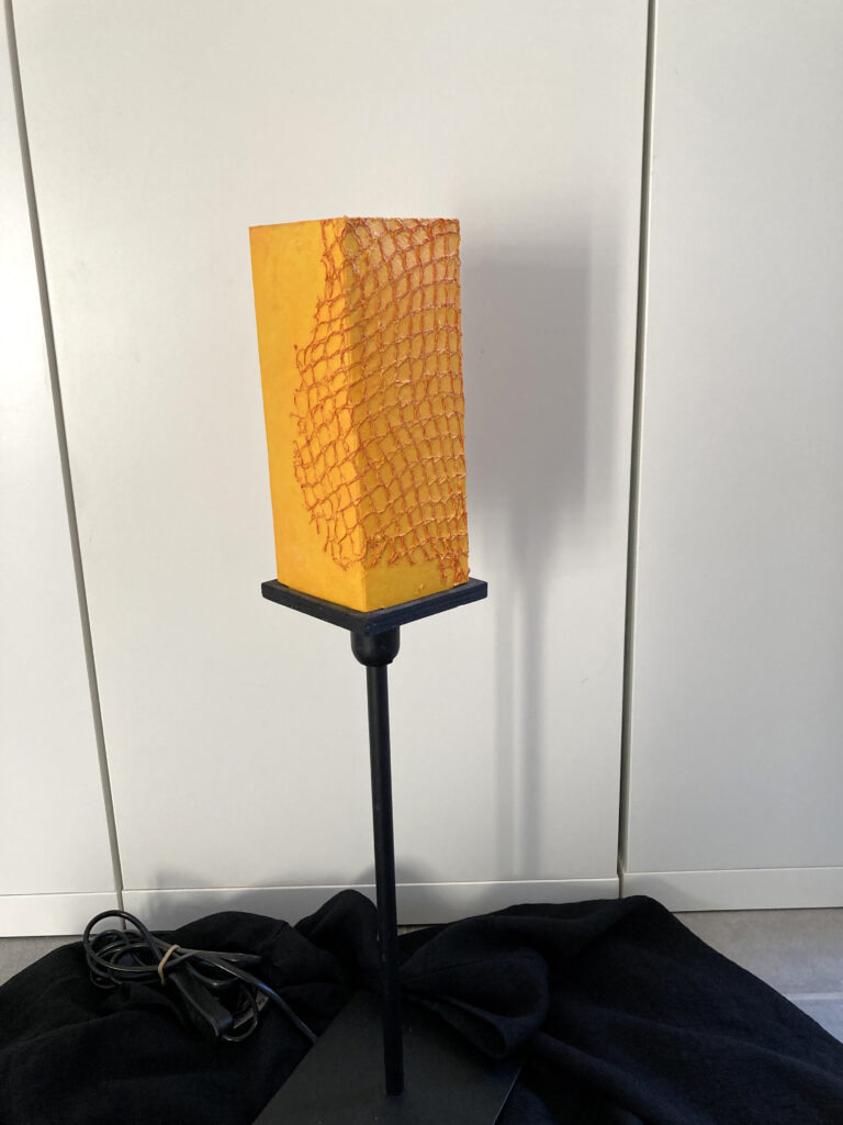 Ortrud Hamm
Lampe
Milch-Tetrapak, Zwiebelnetze, Lampengestell, Acrylfarbe
50 x 7 x 7 cm, 2023